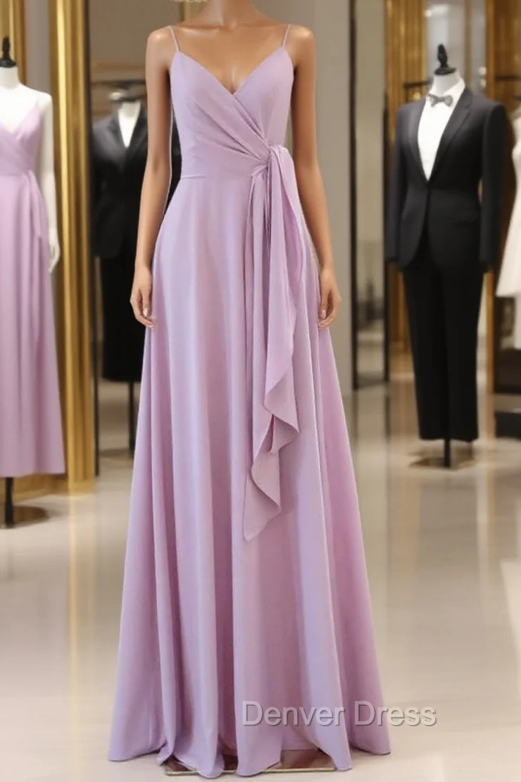 Straps Lilac A Line Long Bridesmaid Dresses