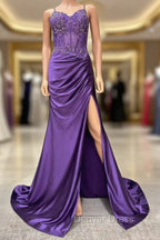 Straps Mermaid Long Prom Dresses With Lace Top And Skirt Slit