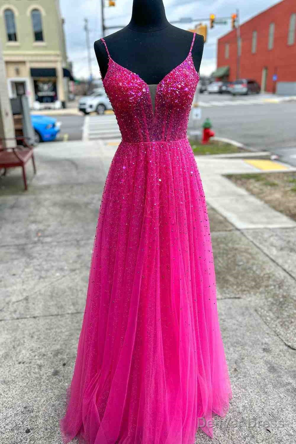 Straps Neon Pink Beaded A Line Long Prom Dresses