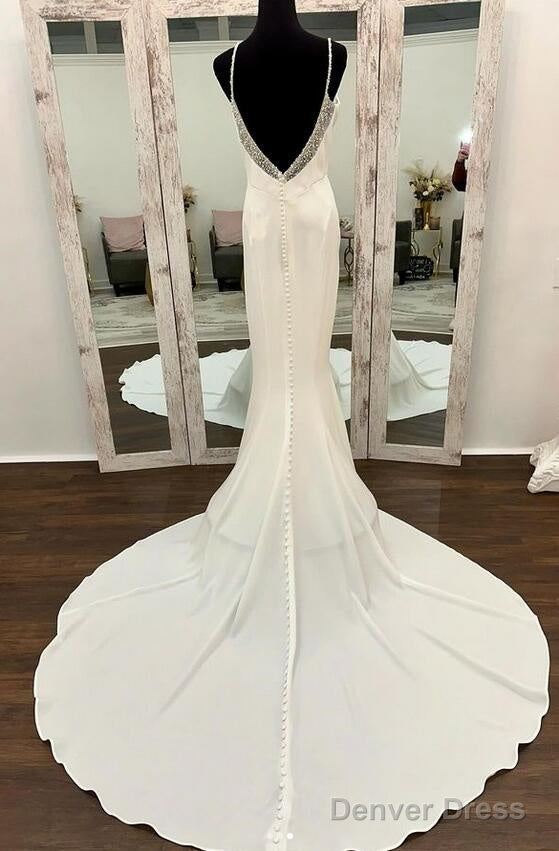 Straps Open Back Mermaid Wedding Dresses With Pearls