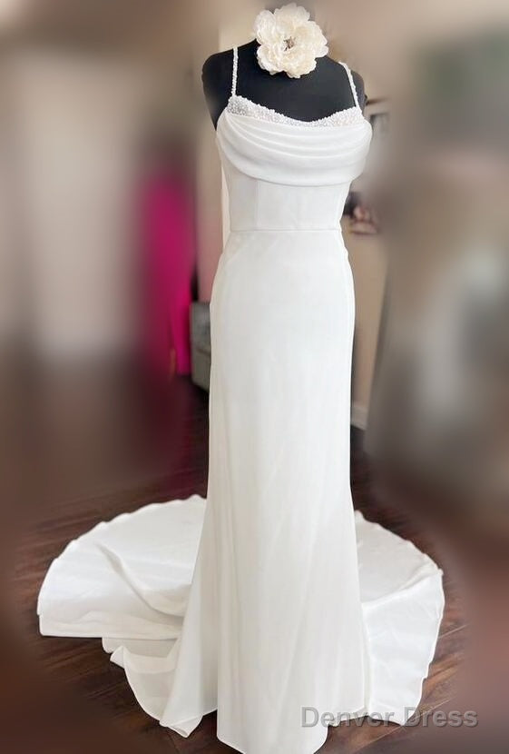 Straps Open Back Mermaid Wedding Dresses With Pearls
