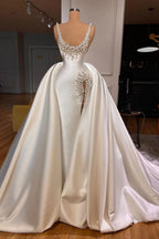 Straps Pearls Beaded Hot Mermaid High Split Wedding Dresses With Overskirt