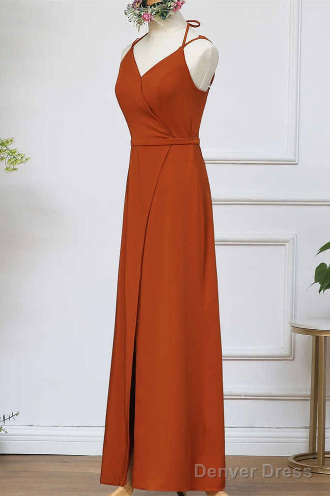 Straps Pumpkin Long Bridesmaid Dress With Slit