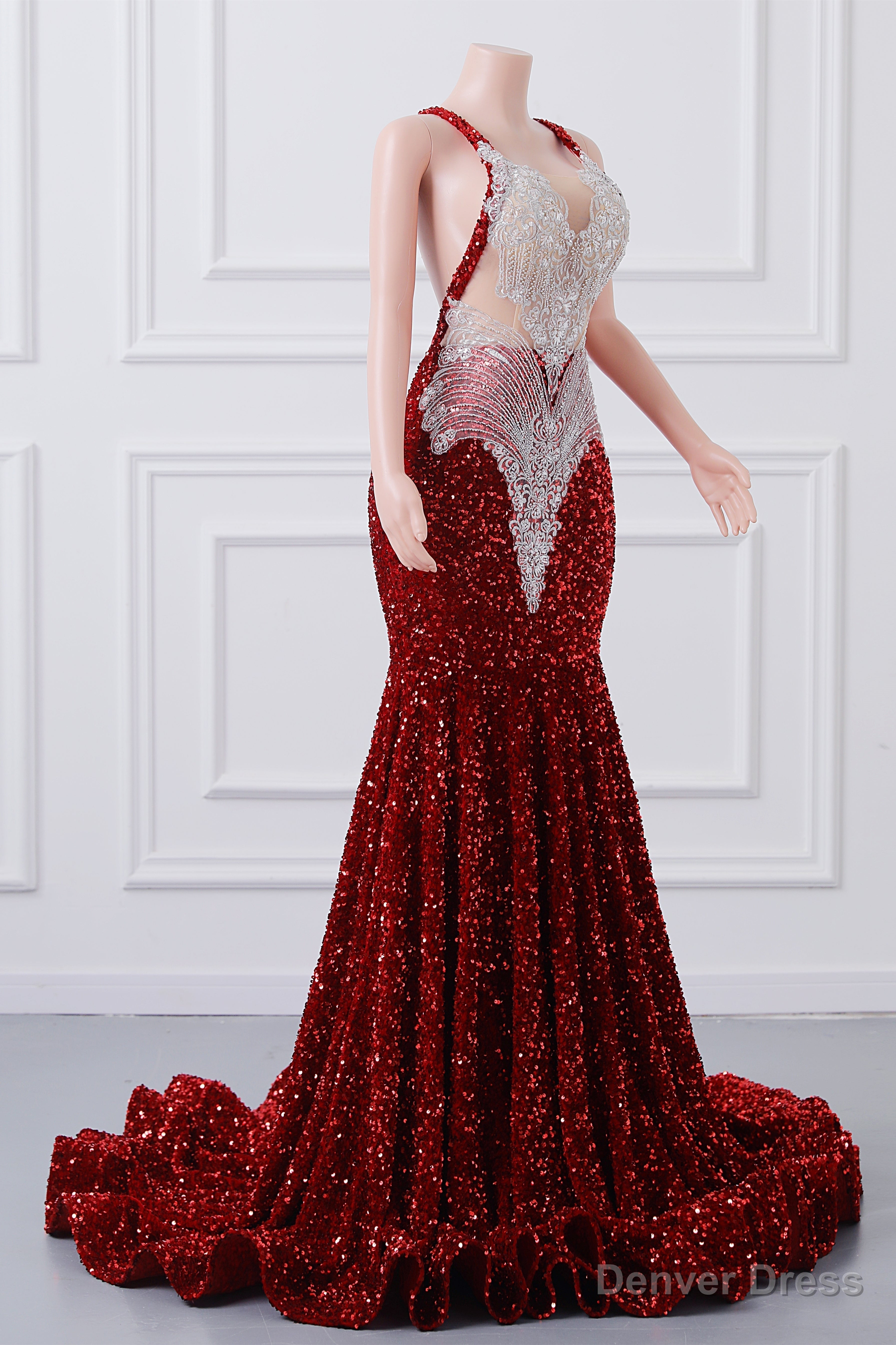Straps Red Beading Sequin Prom Dress Mermaid Long Prom Dresses