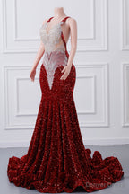 Straps Red Beading Sequin Prom Dress Mermaid Long Prom Dresses
