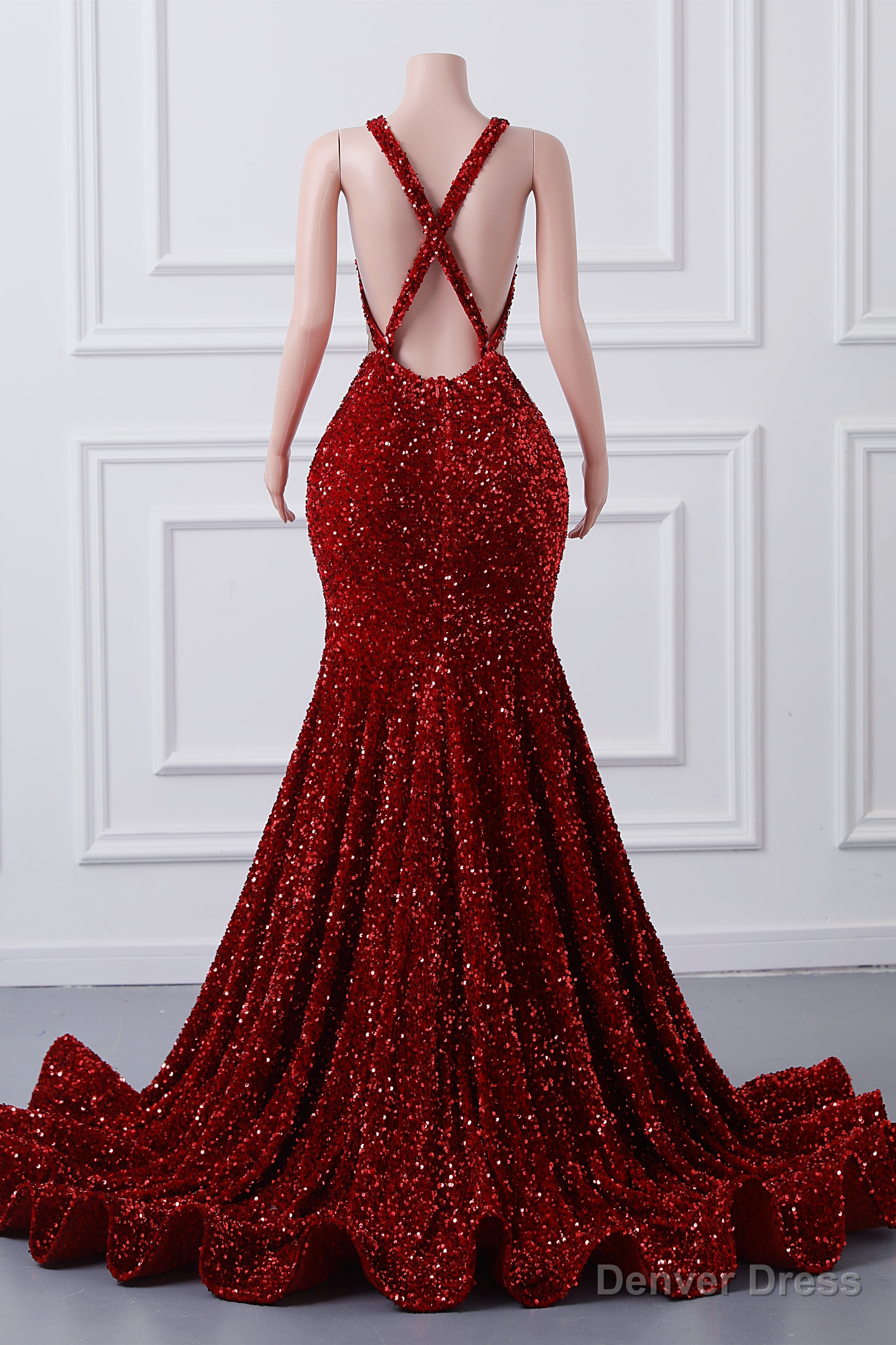 Straps Red Beading Sequin Prom Dress Mermaid Long Prom Dresses