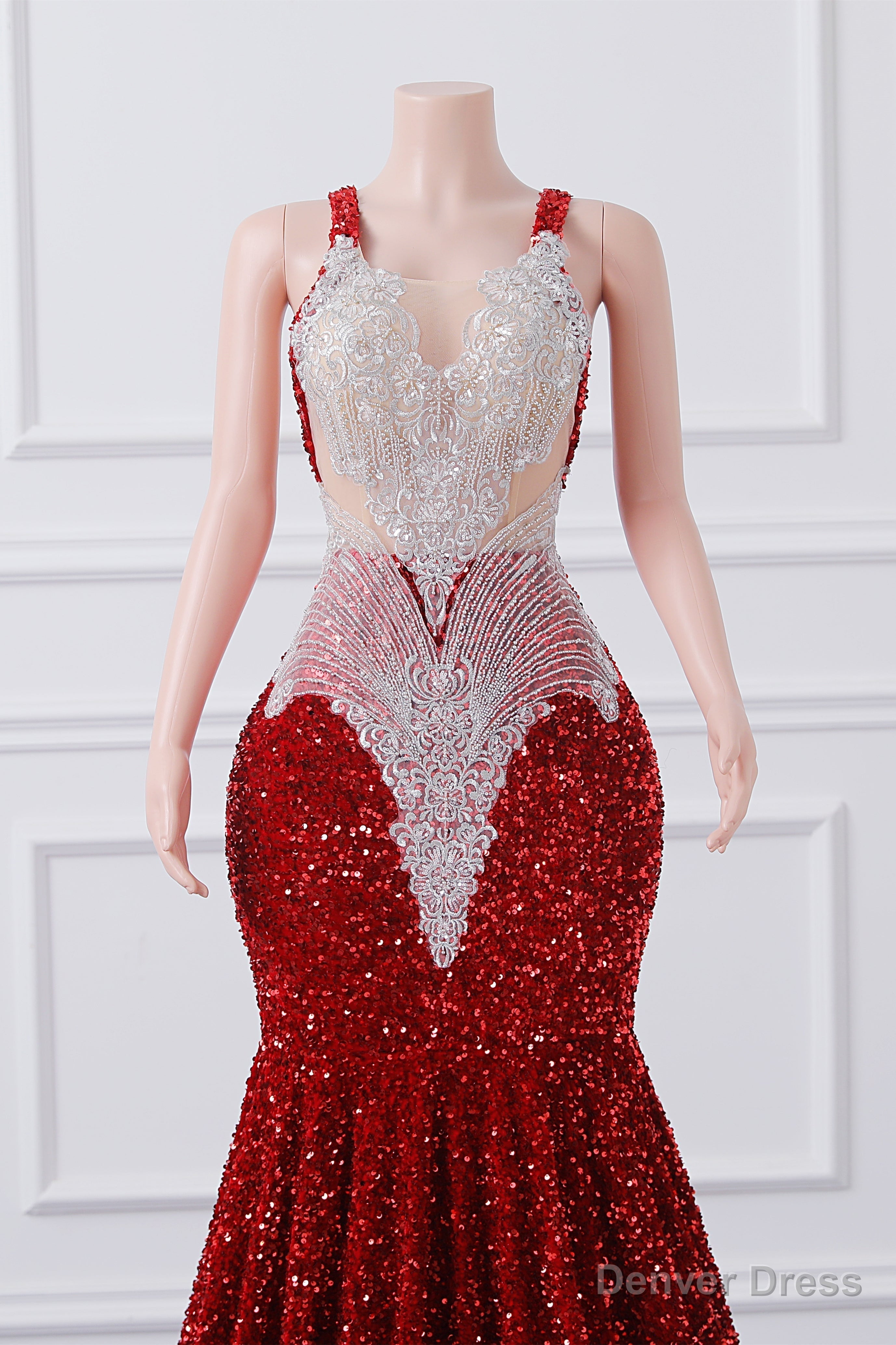 Straps Red Beading Sequin Prom Dress Mermaid Long Prom Dresses