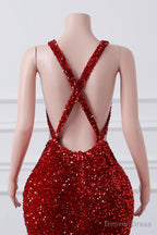 Straps Red Beading Sequin Prom Dress Mermaid Long Prom Dresses