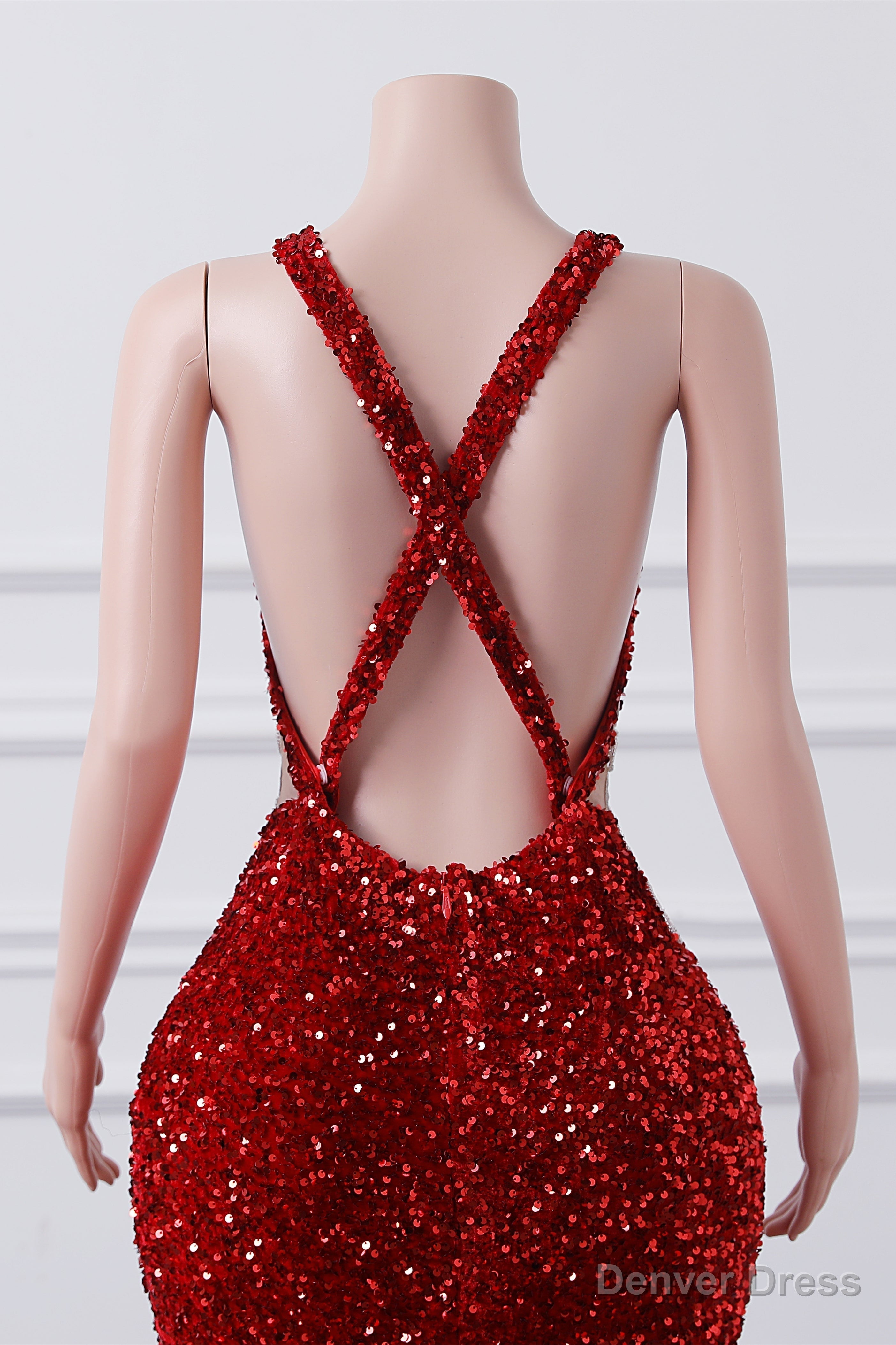 Straps Red Beading Sequin Prom Dress Mermaid Long Prom Dresses