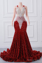 Straps Red Beading Sequin Prom Dress Mermaid Long Prom Dresses