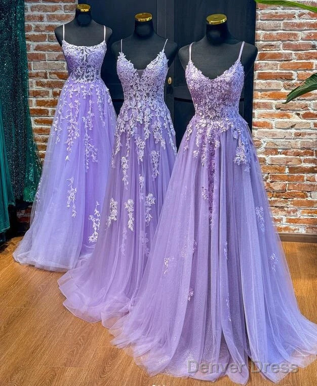 Straps Violet Purple Prom Dresses Lace Tulle Long A-Line Dress