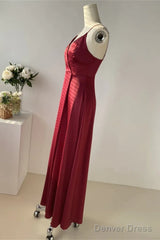 Straps Wine Red Satin Long Bridesmaid Dress