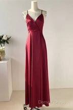 Straps Wine Red Satin Long Bridesmaid Dresses