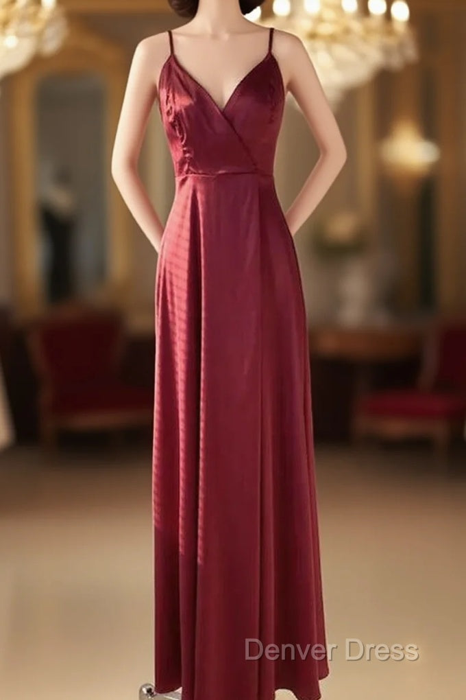 Straps Wine Red Satin Long Bridesmaid Dresses