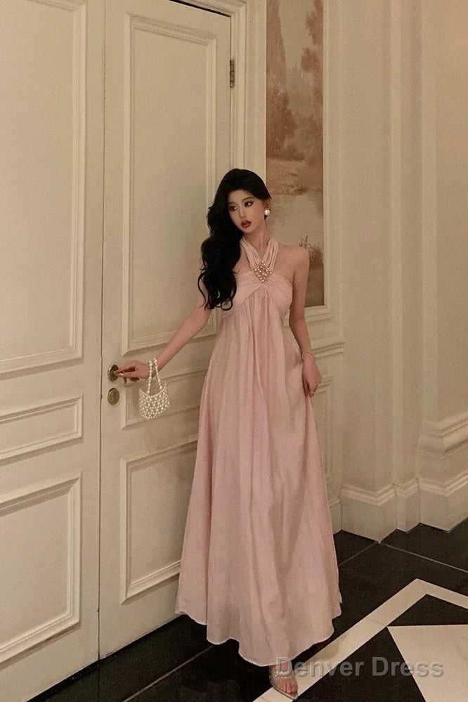 Stunning A Line Halter Neckline Long Date Night Dress Pink Prom Dresses Birthday Outfit Secondary image