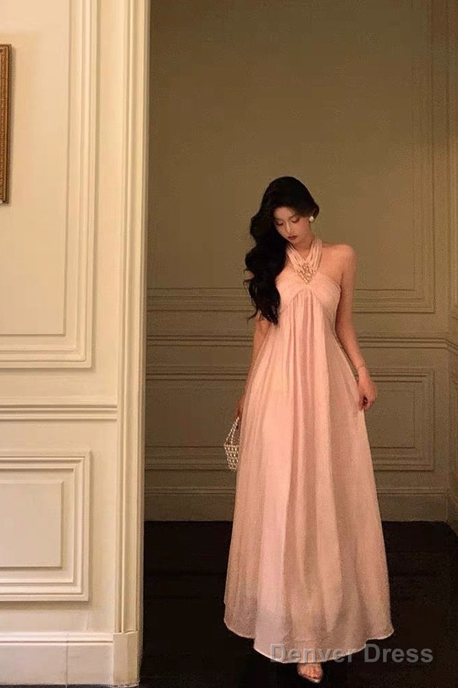 Stunning A Line Halter Neckline Long Date Night Dress Pink Prom Dresses Birthday Outfit