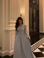 Stunning A Line Square Neckline Long Sleeves Chiffon Blue Date Night Dress Prom Dresses Birthday Prom Outfit