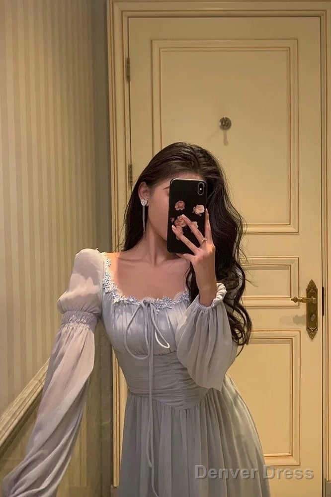 Stunning A Line Square Neckline Long Sleeves Chiffon Blue Date Night Dress Prom Dresses Birthday Party Outfit