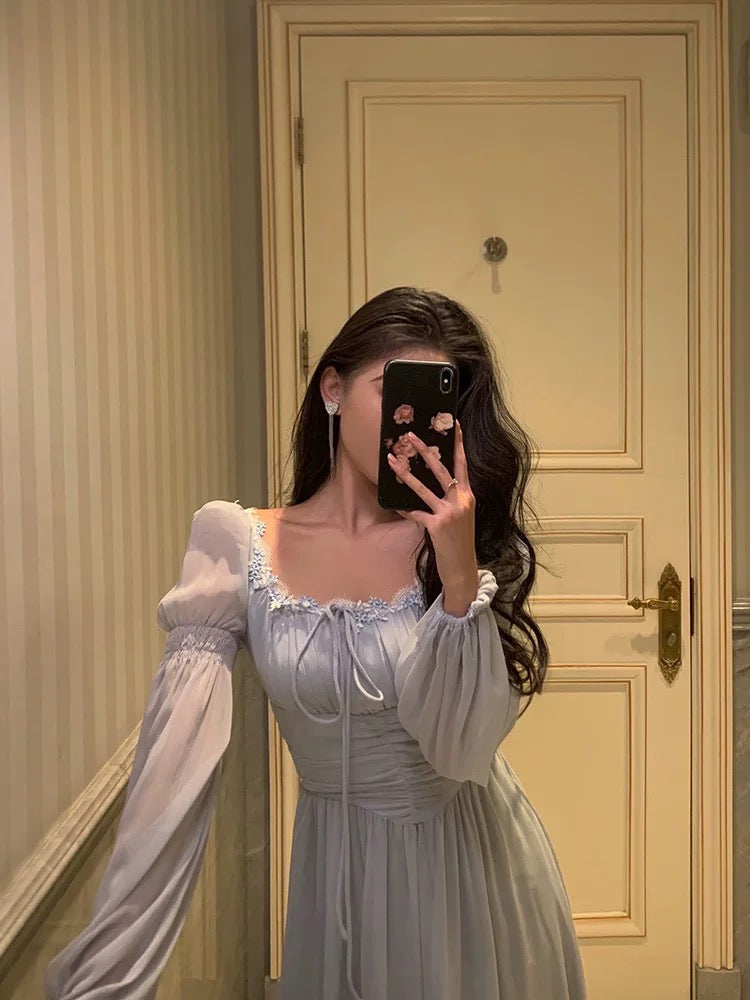 Stunning A Line Square Neckline Long Sleeves Chiffon Blue Date Night Dress Prom Dresses Birthday Prom Outfit