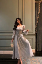 Stunning A Line Square Neckline Long Sleeves Chiffon Blue Date Night Dress Prom Dresses Birthday Party Outfit