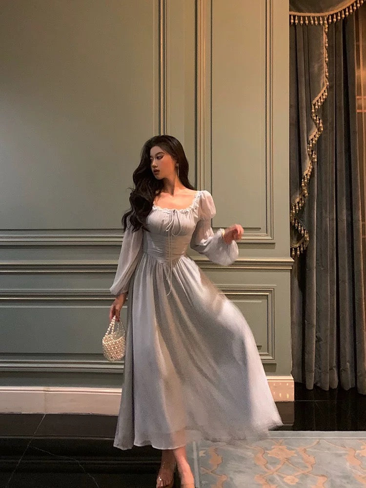 Stunning A Line Square Neckline Long Sleeves Chiffon Blue Date Night Dress Prom Dresses Birthday Prom Outfit