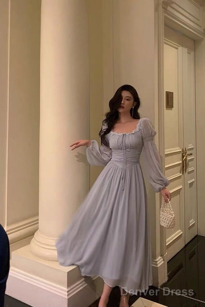 Stunning A Line Square Neckline Long Sleeves Chiffon Blue Date Night Dress Prom Dresses Birthday Party Outfit Main image