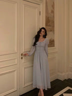 Stunning A Line Square Neckline Long Sleeves Chiffon Blue Date Night Dress Prom Dresses Birthday Prom Outfit