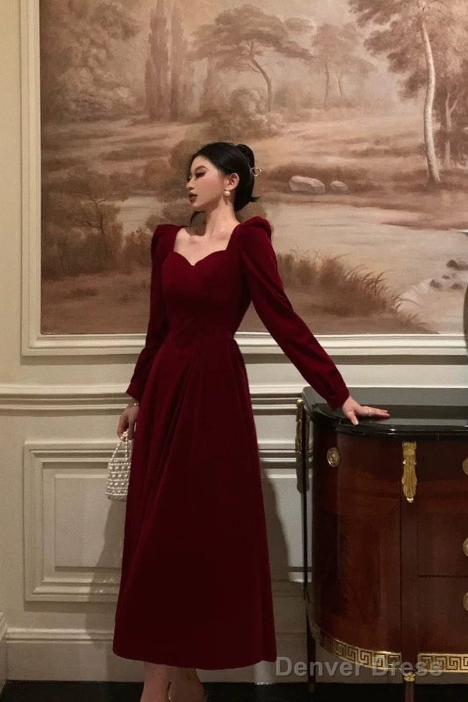 Stunning A Line Square Neckline Long Sleeves Red Velvet Date Night Dress Prom Dresses Birthday Party Outfit