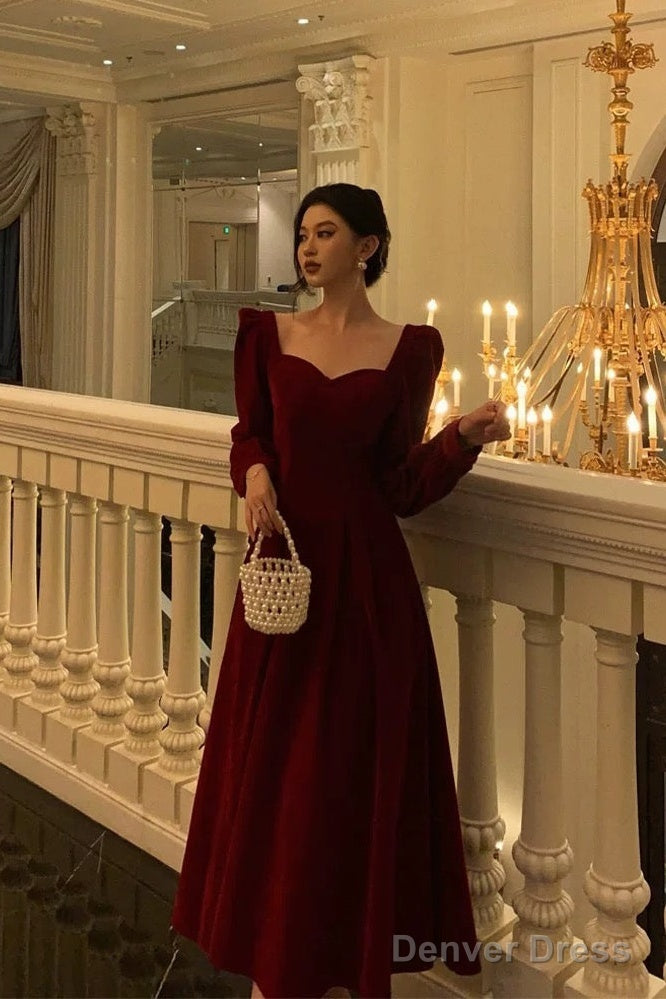 Stunning A Line Square Neckline Long Sleeves Red Velvet Date Night Dress Prom Dresses Birthday Party Outfit