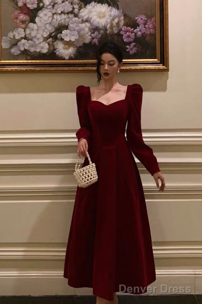 Stunning A Line Square Neckline Long Sleeves Red Velvet Date Night Dress Prom Dresses Birthday Party Outfit Main image