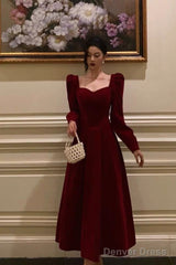 Stunning A Line Square Neckline Long Sleeves Red Velvet Date Night Dress Prom Dresses Birthday Party Outfit