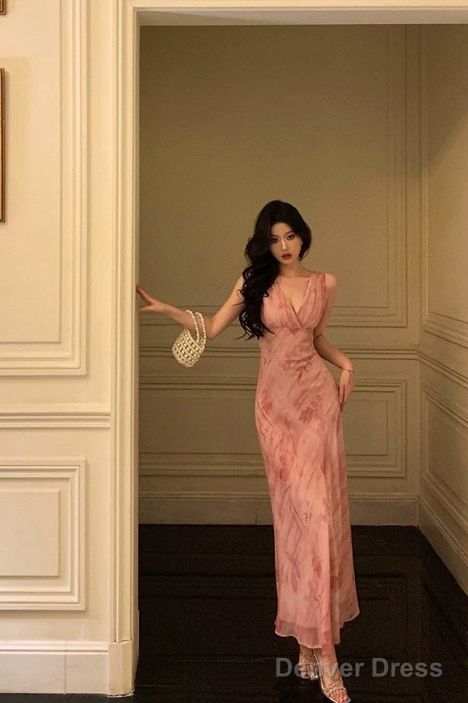 Stunning A Line V Neckline Long Date Night Dress Pink Prom Dresses Birthday Outfit