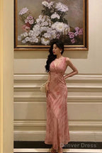 Stunning A Line V Neckline Long Date Night Dress Pink Prom Dresses Birthday Outfit