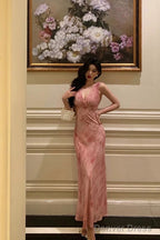 Stunning A Line V Neckline Long Date Night Dress Pink Prom Dresses Birthday Outfit