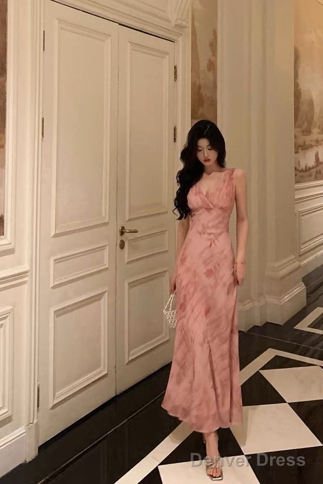 Stunning A Line V Neckline Long Date Night Dress Pink Prom Dresses Birthday Outfit