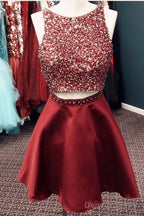Stunning Beaded Satin Homecoming Dresses Two Piece Prom Gown Short