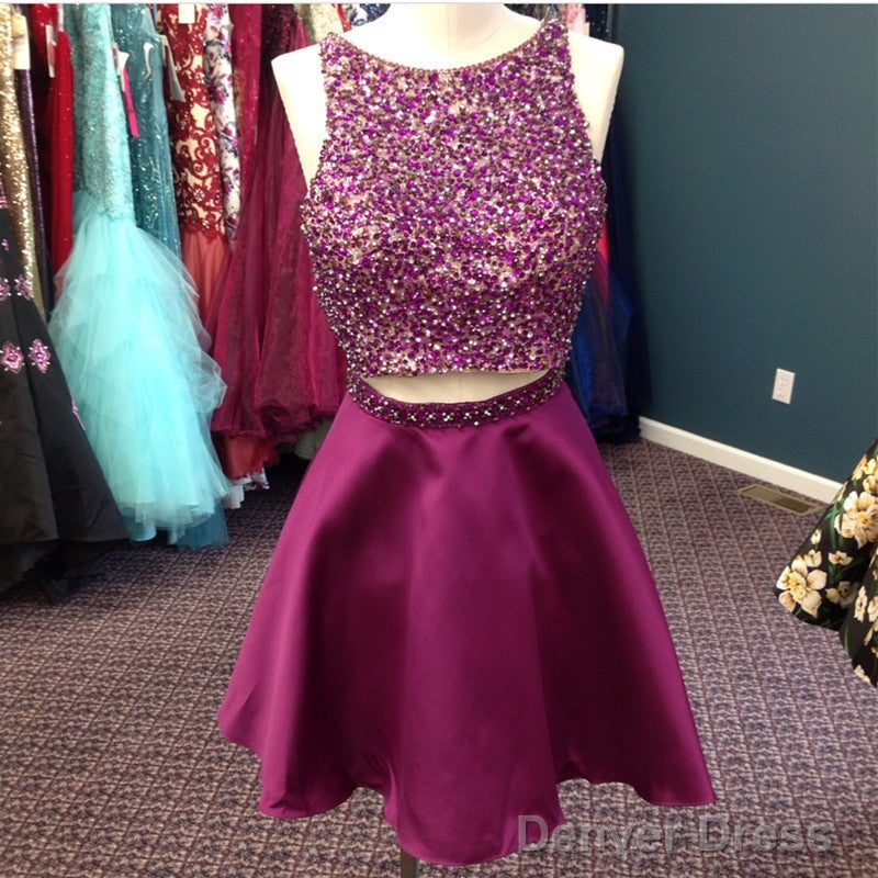 Stunning Beaded Satin Homecoming Dresses Two Piece Prom Gown Short