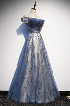 Stunning Blue Tulle Off Shoulder A Line Long Prom Dress With Sleeve