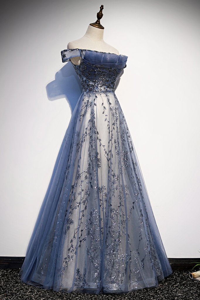 Stunning Blue Tulle Off Shoulder A Line Long Prom Dress With Sleeve