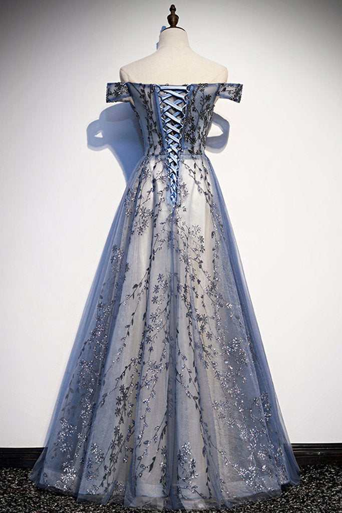 Stunning Blue Tulle Off Shoulder A Line Long Prom Dress With Sleeve