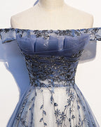 Stunning Blue Tulle Off Shoulder A Line Long Prom Dress With Sleeve