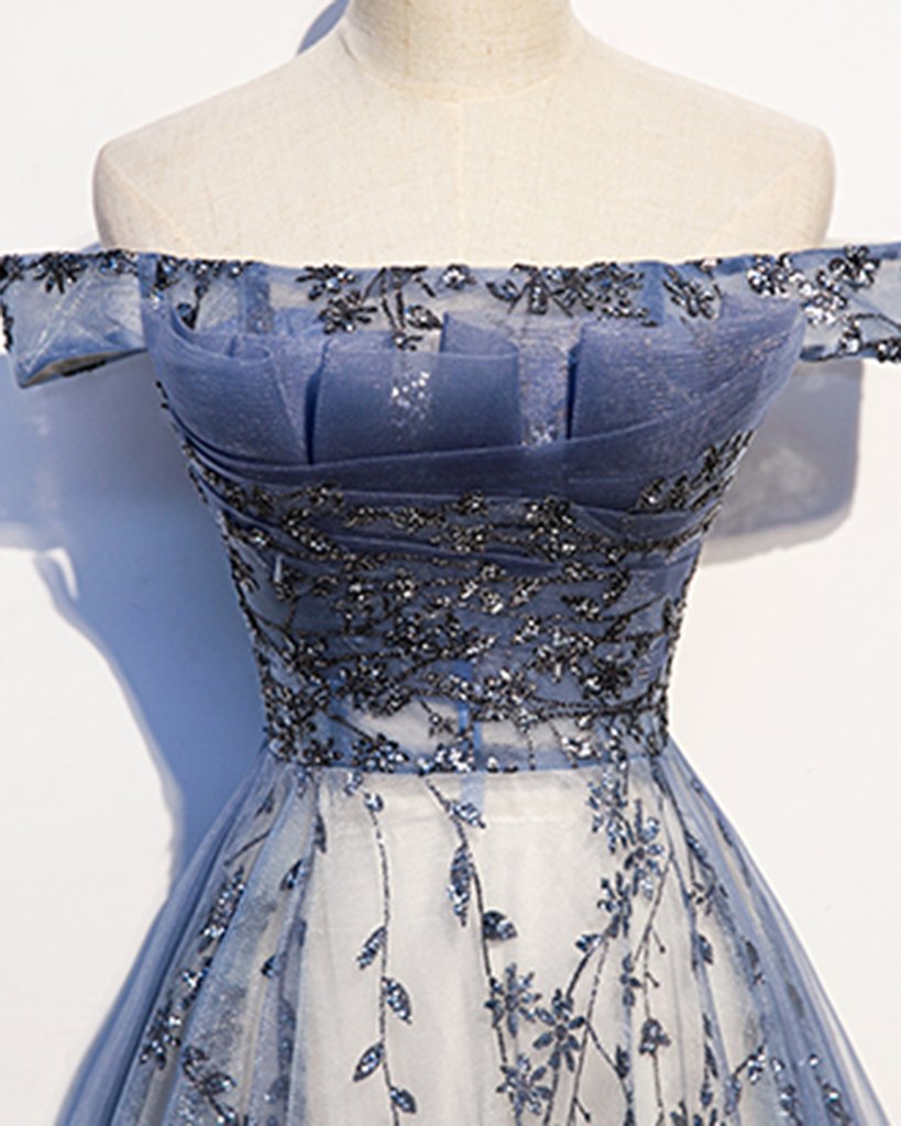 Stunning Blue Tulle Off Shoulder A Line Long Prom Dress With Sleeve