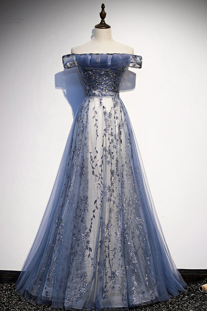 Stunning Blue Tulle Off Shoulder A Line Long Prom Dress With Sleeve Main image