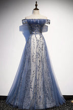 Stunning Blue Tulle Off Shoulder A Line Long Prom Dress With Sleeve