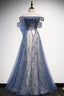 Stunning Blue Tulle Off Shoulder A Line Long Prom Dress With Sleeve