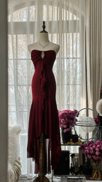 Stunning Burgundy Strapless Chiffon Mermaid Long Prom Dress