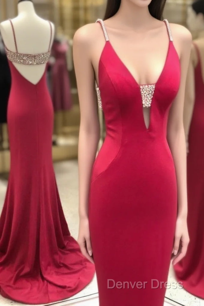 Stunning Elegant Mermaid Sexy Spaghetti Straps Beaded Red Prom Dresses,Charming Backless Evening Dresses,Dance Dresses Main image