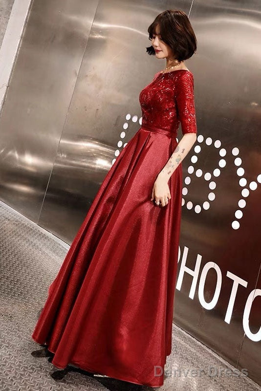 Stunning Evening Dresses Burgundy Half Sleeve Sequin Satin Floor Length Long Prom Gown Secondary image