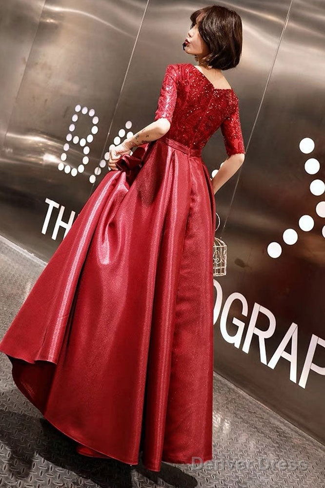 Stunning Evening Dresses Burgundy Half Sleeve Sequin Satin Floor Length Long Prom Gown