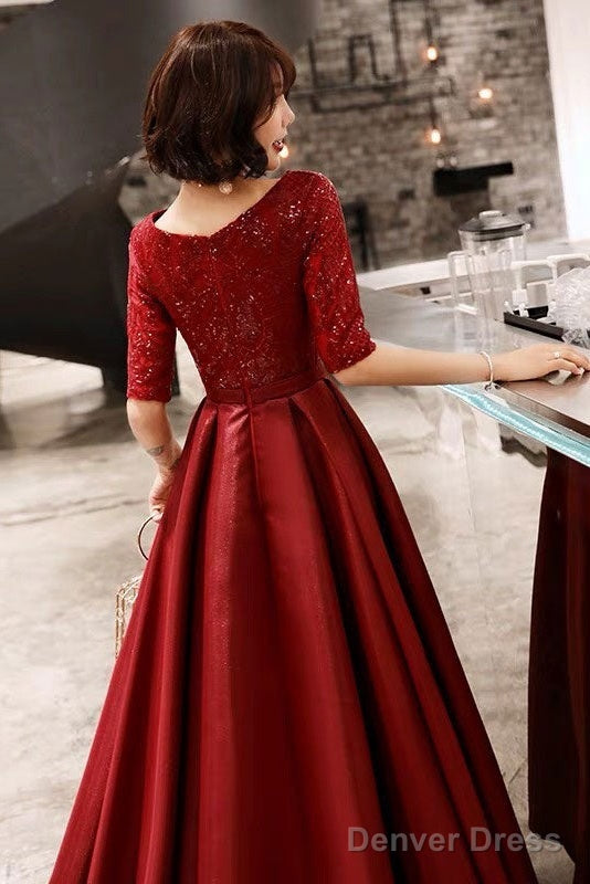 Stunning Evening Dresses Burgundy Half Sleeve Sequin Satin Floor Length Long Prom Gown